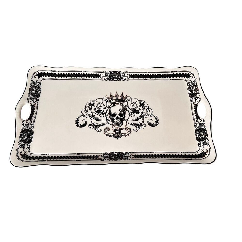 Monterey Bay Rectangular Serving Tray🎃Black White Serving Platter Skull W Crown